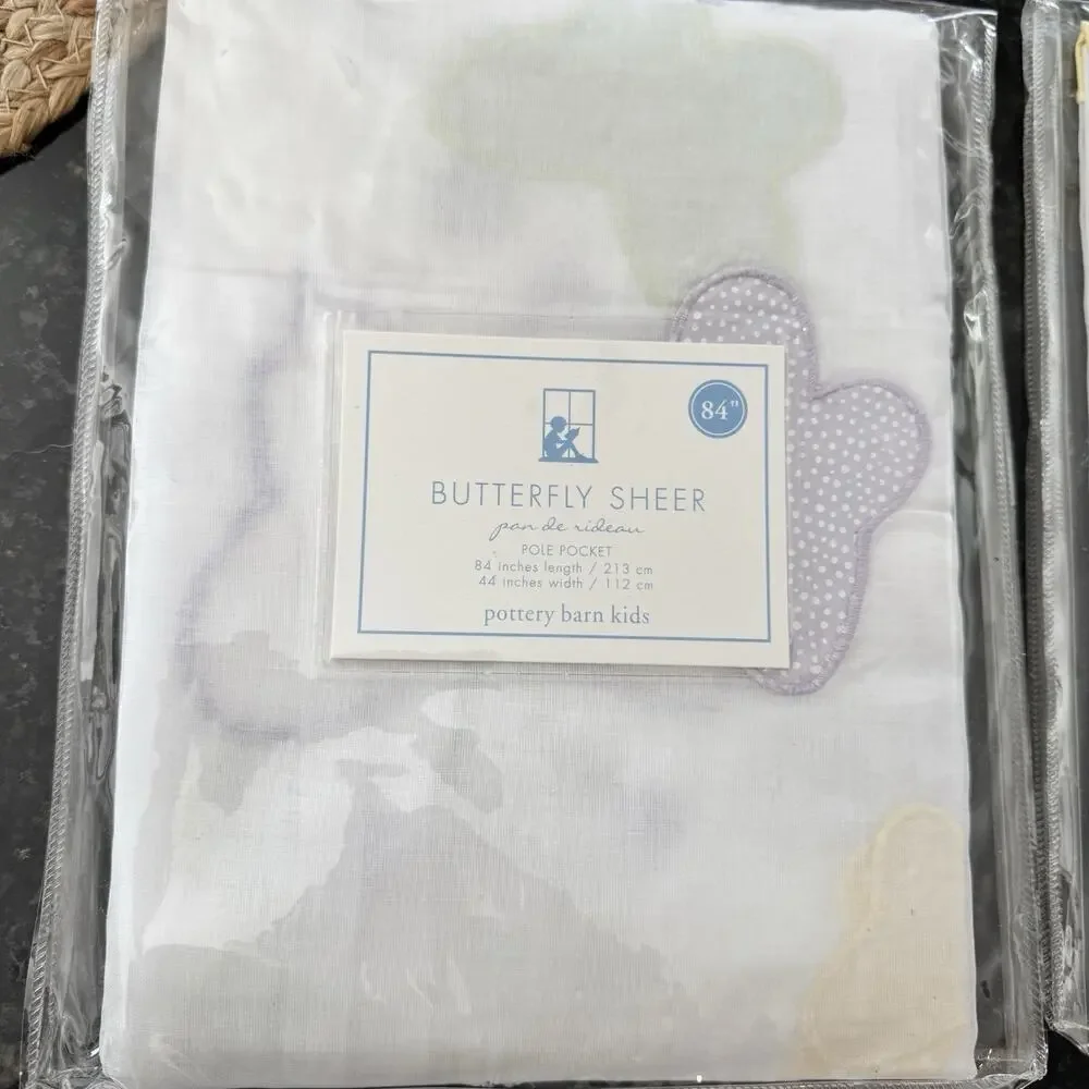 NWT Pottery Barn Curtain Panel Dot Butterfly Lavender Yellow Sheer 84” Pole‎
